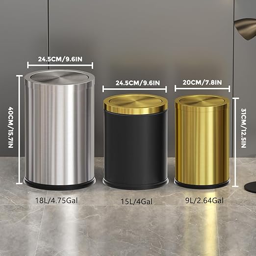 4.7 Gallon/18L Stainless Steel Bathroom Trash Can,Gold Garbage Bin with Swing Lid, Round, Elegant Waste Basket, for Toilet Bathroom Cafe Kitchen Office Hotel Home (18L-Gold)