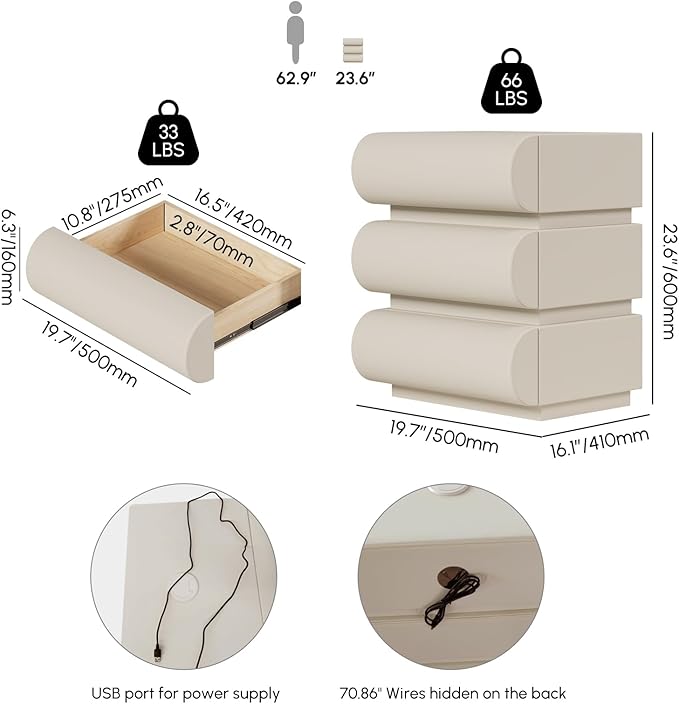 homary Smart Nightstand with Wireless Charging, USB & Type-C Ports – Modern Off White Faux Leather Nightstand with 3 Drawers, Bedside Table with Charging Station for Bedroom