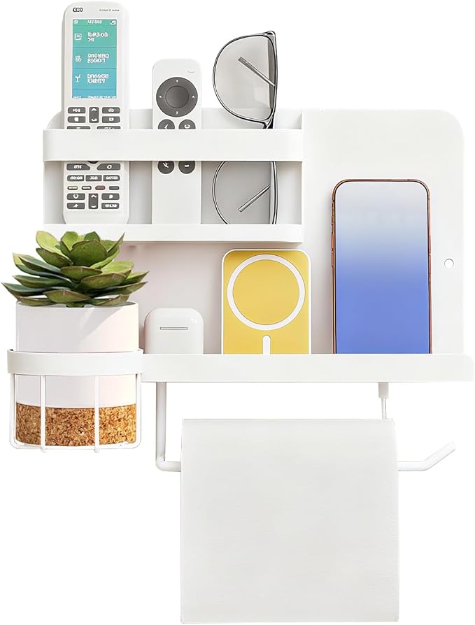 Bedside Wall Organizer Metal Shelf with Cup & Tissue Holder – Waterproof Wall Storage Rack for Dorm Room, Bathroom, Kitchen, and Office (White)