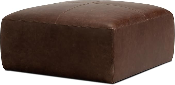 Poly & BARK Sequoia Ottoman – 35” Square Pouf with Feather-Down Topper – Full-Grain Leather Upholstered Pouf Ottoman for Living Room – Vintage Italian Leather in Chocolate Brown