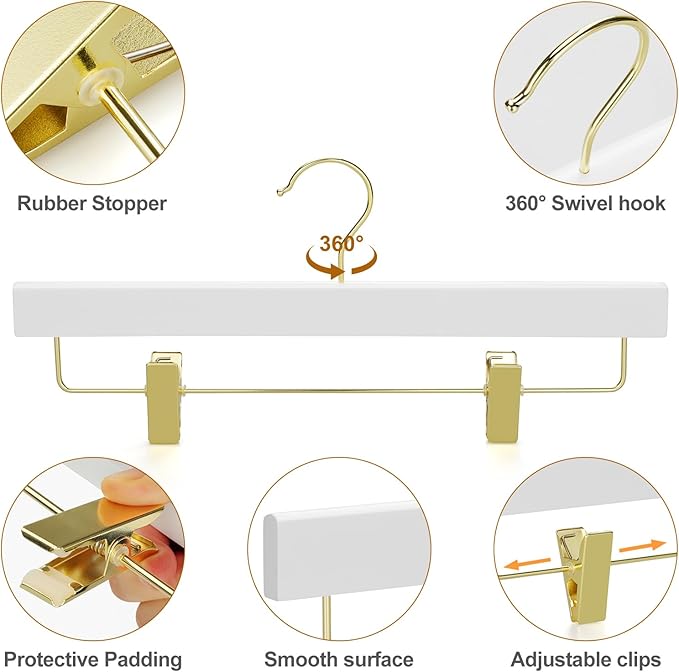 TOPIA HANGER White Wooden Pants Hangers with Gold Clip, 10 Pack Skirt Short Trousers Jeans Slacks Hangers with 360 Swivel Hook and 2 Adjustable Clips with Rubber Padded for Closet, CT50WG