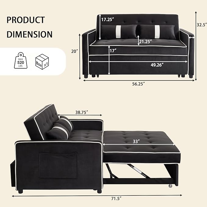 Convertible Sofa Bed, 3-in-1 Loveseat Futon Sofa Bed with 3-Position Adjustable Backrest & Side Pocket, Modern Velvet Fabric Pull Out Couch for Living Room, Small Spaces (Black)
