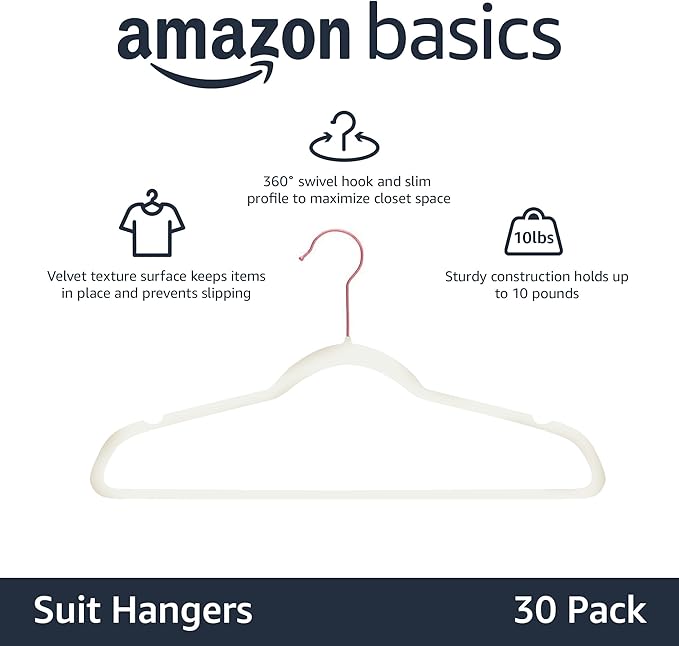 Amazon Basics Slim, Velvet, Non-Slip Suit Clothes Hangers, Ivory/Rose Gold - Pack of 30
