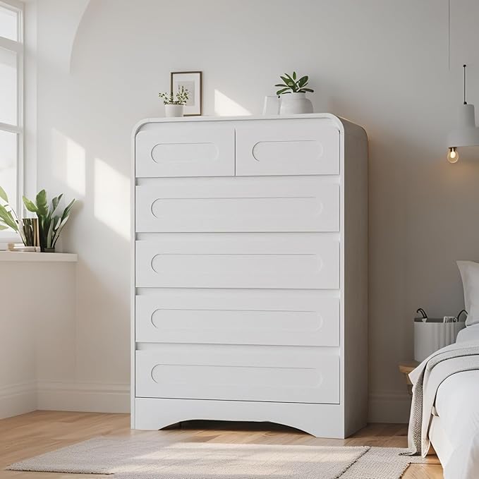 Dresser for Bedroom with 6 Drawers, 44" Tall Modern Dressers & Chest of Drawers with Curved Profile Design, Wood Closet Clothes Storage Dressers Organizer for Bedroom Living Room Hallway, White