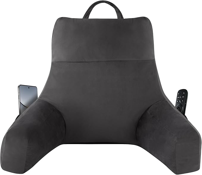 IPYNBAP Reading Pillow with Arms for Adults, Back Pillow for Bed Sitting Up, Shredded Memory Foam Backrest Pillow with Pockets & Removable Washable Cover, Lounging, Watching TV, Reading(20inch Grey)
