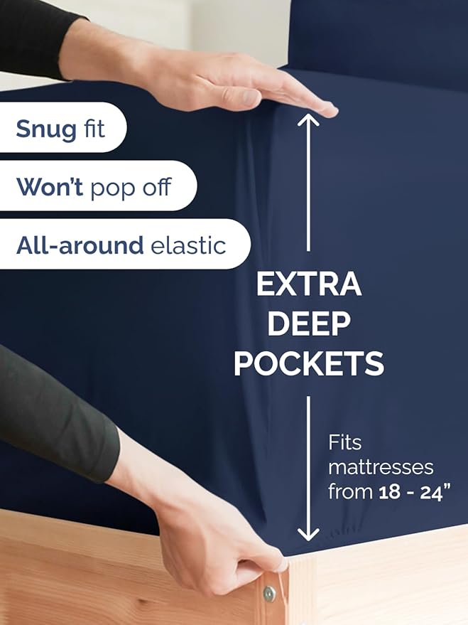 Extra Deep Twin XL Sheet Set - 4 Piece Breathable and Cooling Sheets - Hotel Luxury Bed Sheets Set - Easy Fit - Soft, Wrinkle Free and Comfy Sheets Set - Navy Blue Sheet Set with Extra Deep Pockets