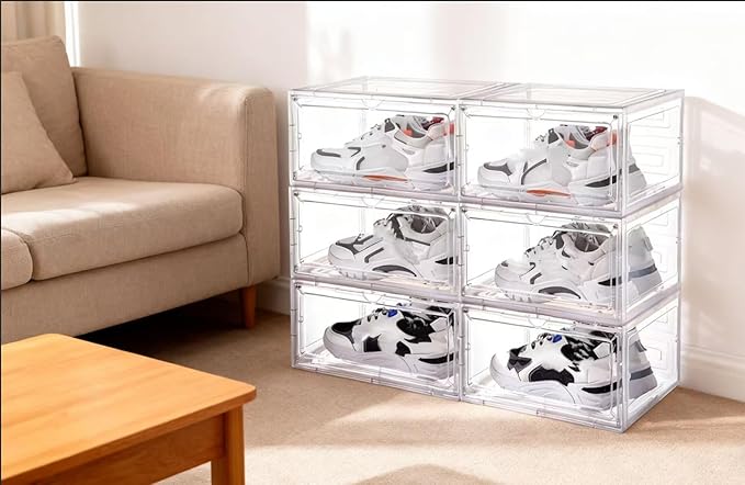 Transparent Plastic Stackable Shoe Storage Box, 6 Pack Side Opening Shoe Box, Suitable For Storing And Displaying Sneakers 13'' x 11.2‘ x 7.5’ (Transparent Colour)