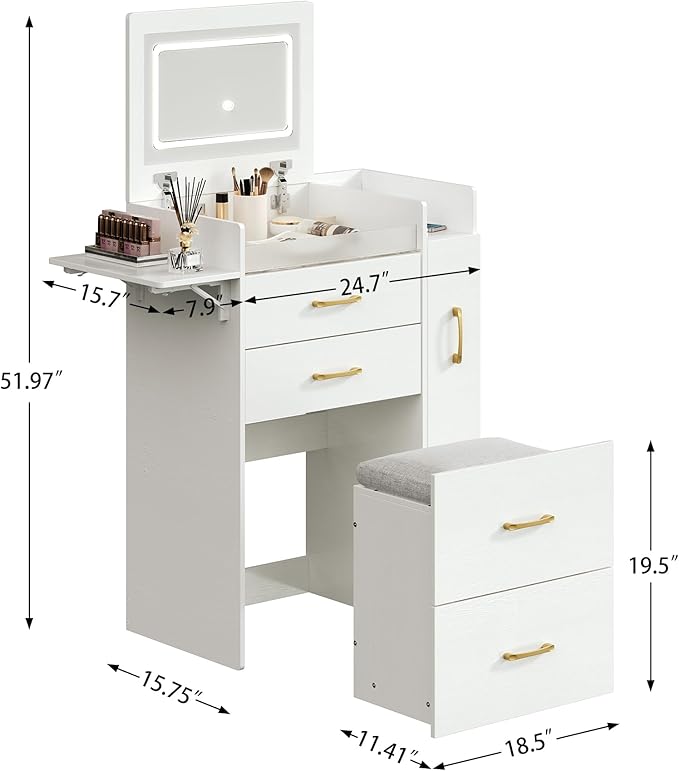 3 in 1 Vanity Desk with Flip Top Mirror, LED Lights, Side Cabinet,Collapsible Desk Panel, Hidden Stool with Storage, Small Makeup Vanity Table with Power Outlets, Compact Vanity, White PT01DTW