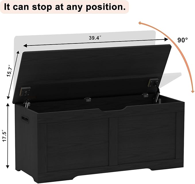 Timberer 39.4" Storage Chest, Wooden Storage Bench, Lift Top Toy Chest with 2 Safety Hinges, Large Toy Box, Entryway Bench for Living Room, Bedroom, Black
