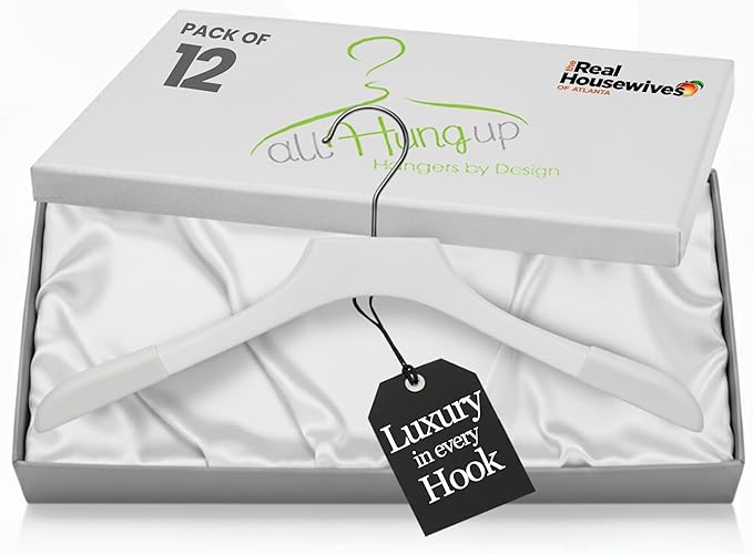 Premium Luxe Wooden Hangers for Women, Wide Shoulder Design for Dresses, Skirts, Sweaters & Blouses, Heavy Duty with Velvet Grip, White with White Velvet, 12 pcs