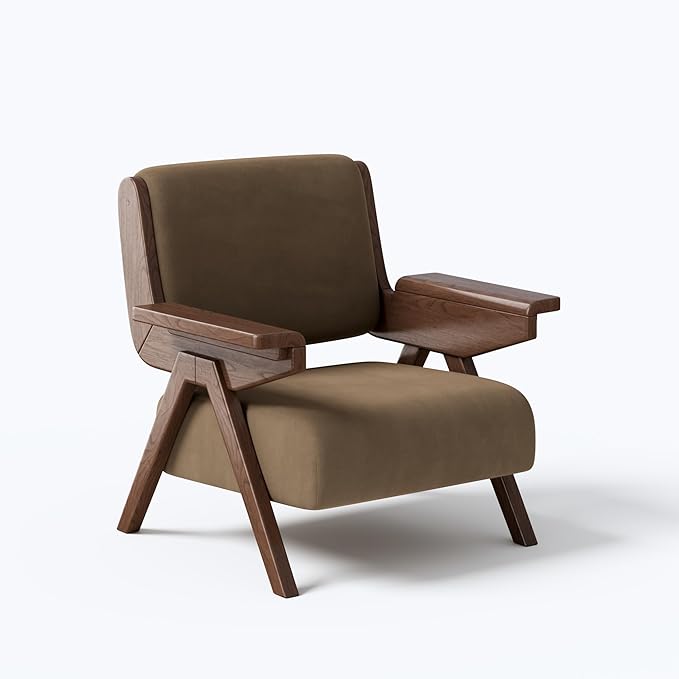 Accent Chair Mid Century Modern Chair, Velvet Upholstered Lounge Arm Chair with Solid Wood, Cozy Reading Chair for Living Room, Bedroom, Balcony (Coffee, Single Chair)
