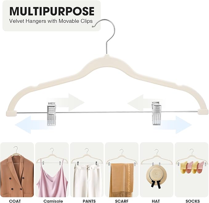 24-Pack Beige Velvet Hangers with Clips Adjustable,Adult Hangers,Heavy-Duty,Felt,Non-Slip,Space Saving,Slim Outfit Hanger for Pants, Skirts, Suits,Coats, Dresses ect.
