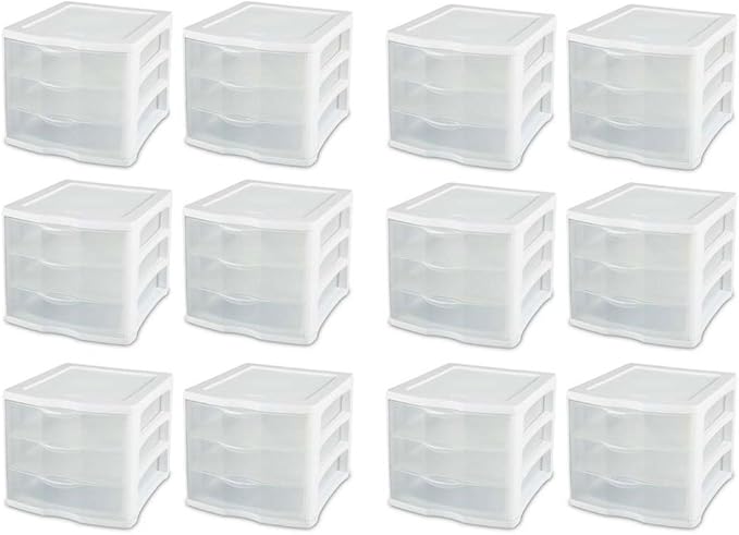 Sterilite ClearView Compact Stacking 3 Drawer Storage Organizer System for Crafting Supplies, Home Office, or Dorm Room, (12 Pack)