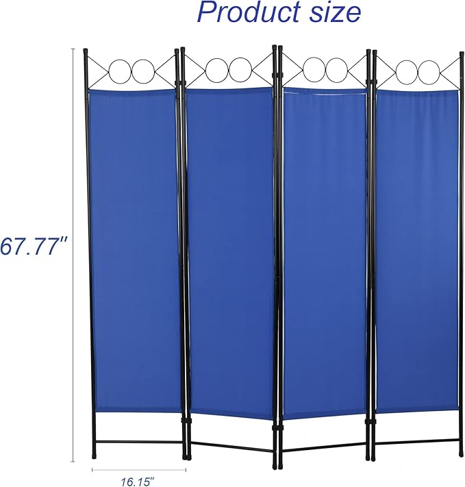 4 Panel Room Divider 6FT Steel Frame Screen Folding Privacy Divider Freestanding Partition for Home Office Bedroom (Blue)