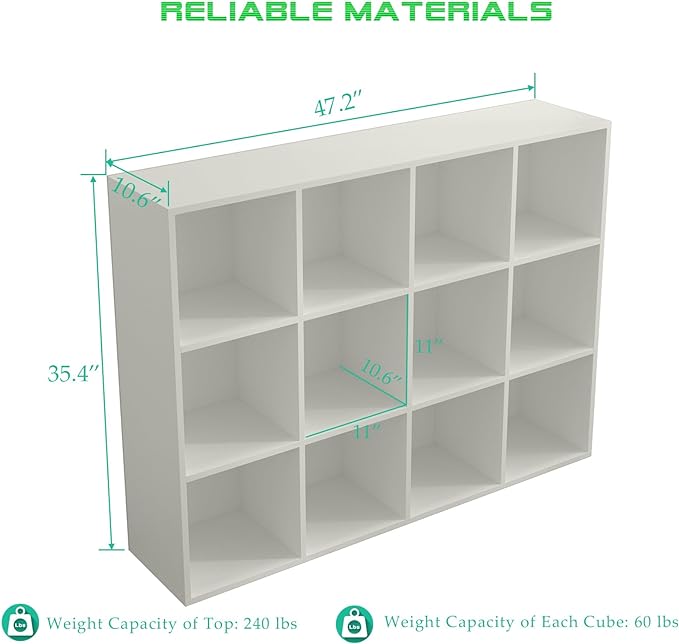 OSCHF 12-Cube Storage Shelf Bookcase - Wooden 3-Tier Floor Standing Open Bookshelf for Home and Office, Display Cabinet, Warm White