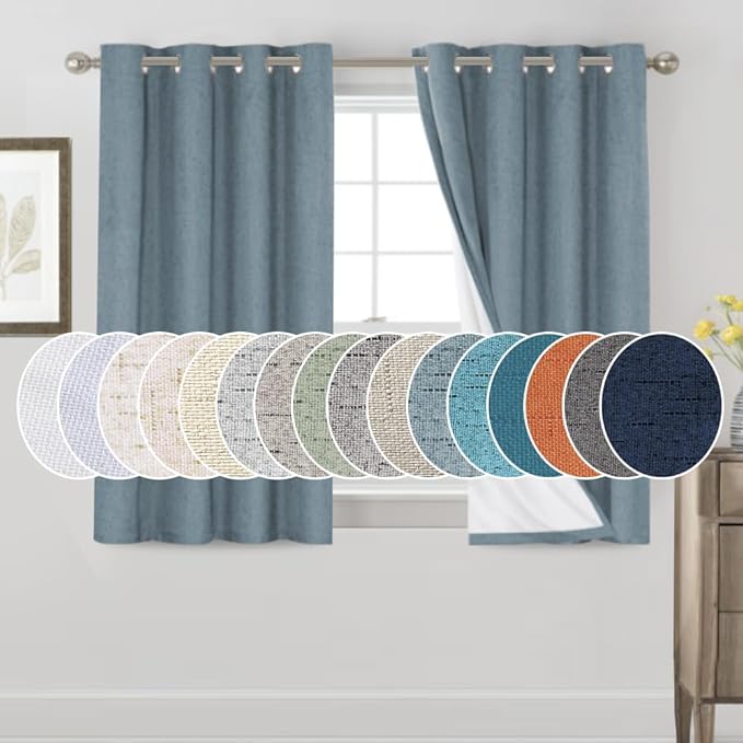 PrinceDeco 100% Blackout Curtains for Bedroom Linen Blackout Curtains 54 Inches Long Room Darkening Burlap Grommet Textured Curtains&Drapes Luxury Decor for Living Room 52x54 Inch, Stone Blue,2 Panels