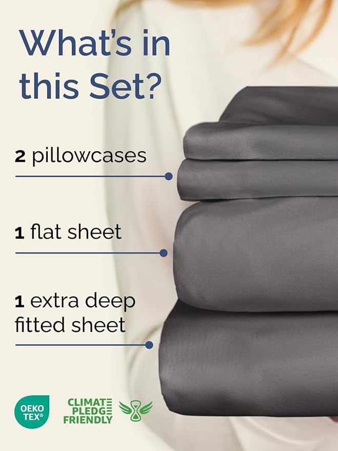 Extra Deep Twin Sheet Set - 4 Piece Breathable and Cooling Sheets - Hotel Luxury Bed Sheets Set - Easy & Secure Fit - Soft, Wrinkle Free and Comfy Sheets Set - Grey Sheet Set with Extra Deep Pockets