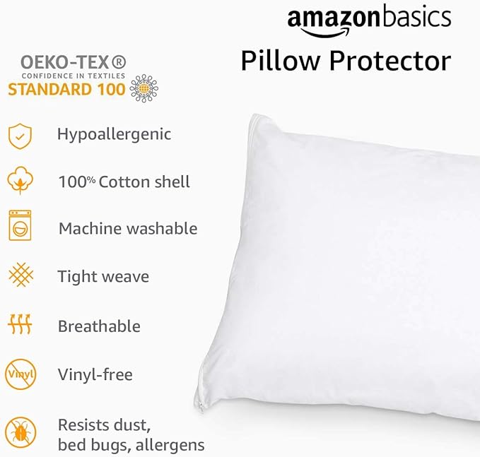 Amazon Basics Standard Pillowcase with Zipper, 100% Cotton Hypoallergenic, Pillow Protector, White (27 x 21 Inches), Pillows Not Included