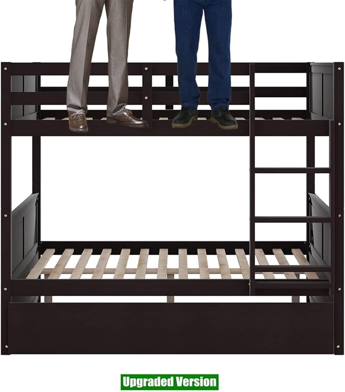 TSAMPA Latest Upgraded & Stronger Heavy Duty Solid Wood Full Over Full Bunk Bed with Trundle, Thickened Safer Convertible Bunkbed Frame (Easier to Assemble) (Espresso)