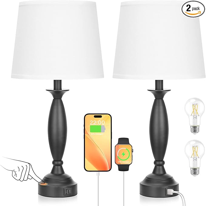 Seealle White Lamps for Bedrooms Set of 2 - Touch Control Bedside Lamp with USB C+A, 3 Way Dimmable Nightstand Lamps with USB Port, Table Lamp for Living Room(White Shade and Black Base)