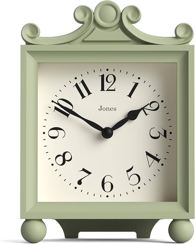 JONES CLOCKS® Parlour Mantel Clock | Classic Carriage Clock | Sage Green | Elegant Square Decorative case, Perfect for Mantel, Shelf, Table or Bedside