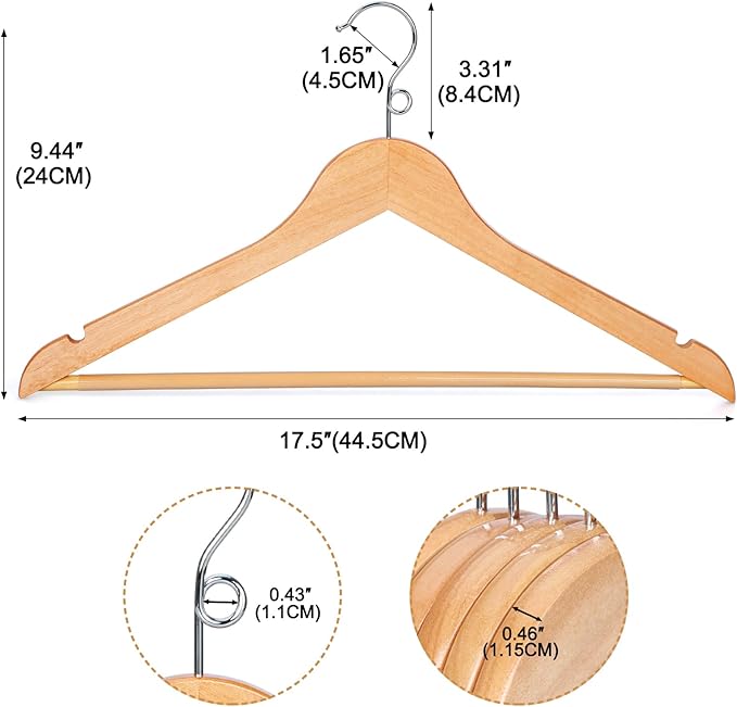TOPIA HANGER Wooden Hangers 30 Pack, Space Saving Coat Hanger with 360° Swivel Cascading Ring Hook, Non Slip Pants Bar and Shoulder Notches for Camisole, Jacket, Suit, Clothes Hangers -CT62N30