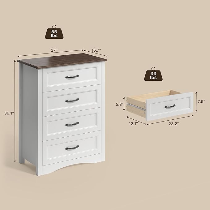 Gizoon Dresser for Bedroom with 4 Drawers Wooden Chest of Drawers for Closet Dresser Storage Unit Organizer for Hallway Living Room and Office, White and Rustic
