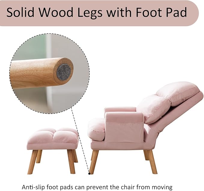 INZOY Accent Chairs with Ottoman, Modern Comfy Chair with Adjustable Backrest and Side Pockets, Velvet Fabric Armchair with Ottoman for Bedroom Living Room (Pink)