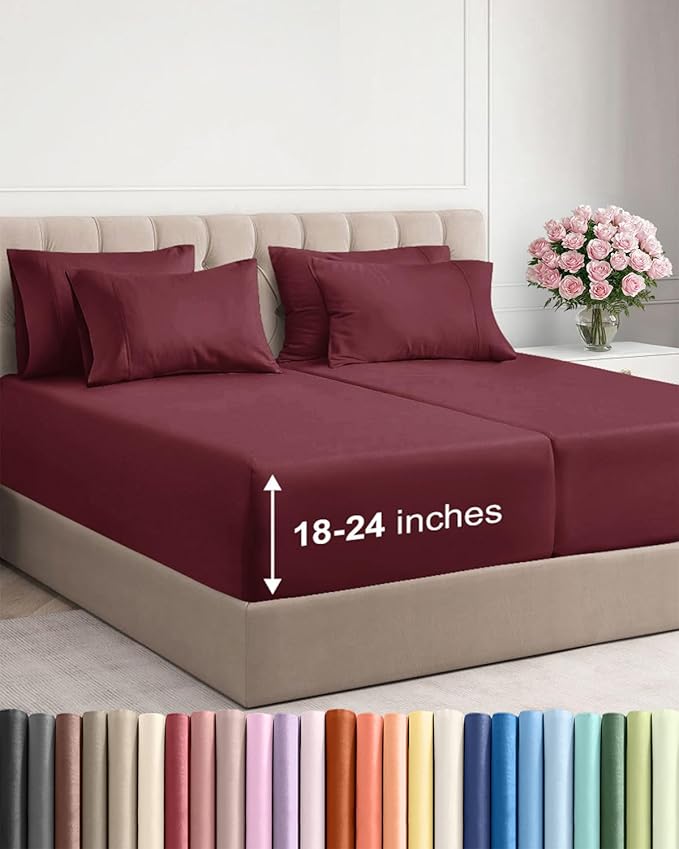 Extra Deep Split King Sheet Set - 7 Piece Breathable and Cooling Sheets - Hotel Luxury Bed Sheets Set - Easy Fit - Soft, Wrinkle Free and Comfy Sheets Set - Burgundy Sheet Set with Extra Deep Pockets