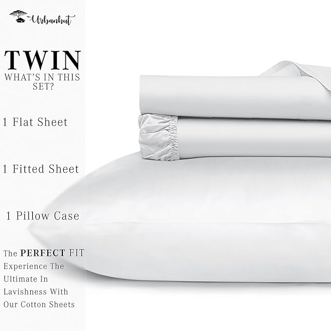 URBANHUT 800 Thread Count 100% Cotton Twin Size Sheets, Luxury 4 Piece Twin Bedsheets, Hotel Sheets Sateen Finish - Better Than Egyptian, 14" Elasticized Deep Pocket - White