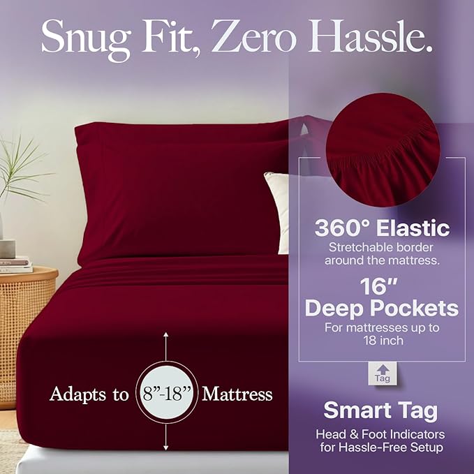 Carressa Linen California King Egyptian Cotton Sheet Sets - 600 Thread Count Cal King Cotton Sheet Set (4 PC, Classic Burgundy), Extra Soft, Cooling, 16" Deep Pocket Sateen Weave Luxury Bed Sheets Set