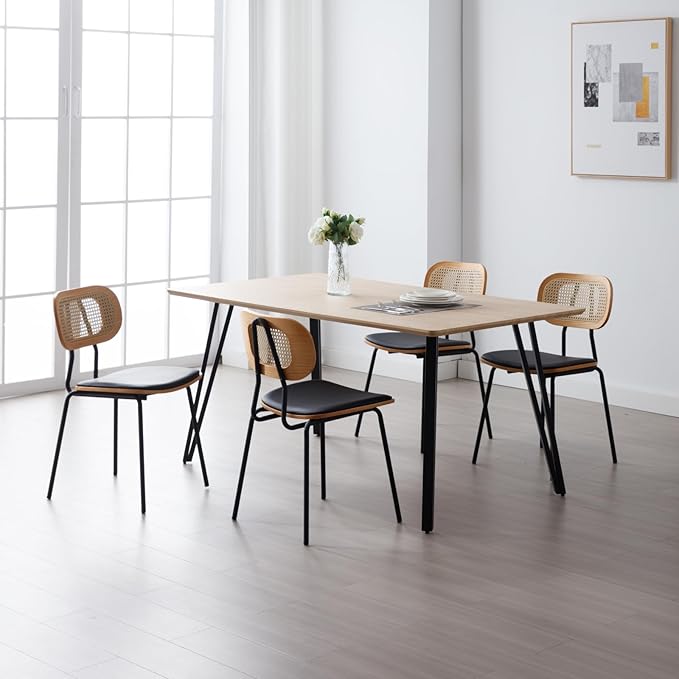 HEAH-YO Modern Dining Chairs Set of 4, Upholstered Faux Leather Dining Room Chairs with Rattan Backrest and Metal Legs, Armless Kitchen Chairs for Dining Room, Black