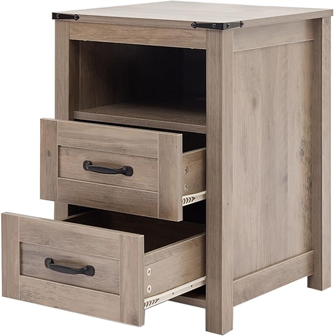 Sierra Rustic Night Stand, Farmhouse End Table, Modern Bedside Table with 2 Storage Drawers and Open Shelf, Tall Nightstand for Bedroom