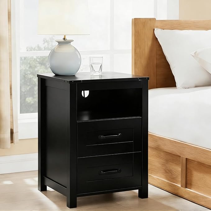 Black Rustic Night Stand Set of 2, Farmhouse End Table, Modern Bedside Table with 2 Storage Drawers and Open Shelf, Tall Nightstand for Bedroom