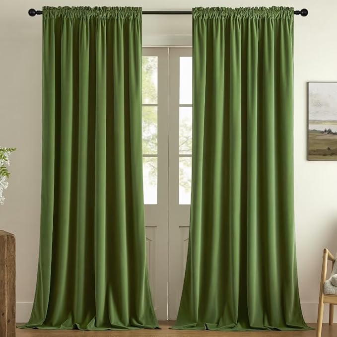 Joydeco Green Velvet Curtains 72 inch 2 Panel, Room Darkening Super Soft Velvet Drapes for Bedroom Living Room Thermal Insulated Window Drapes, Luxury Blackout Rod Pocket Curtains,W52 x L72 inch