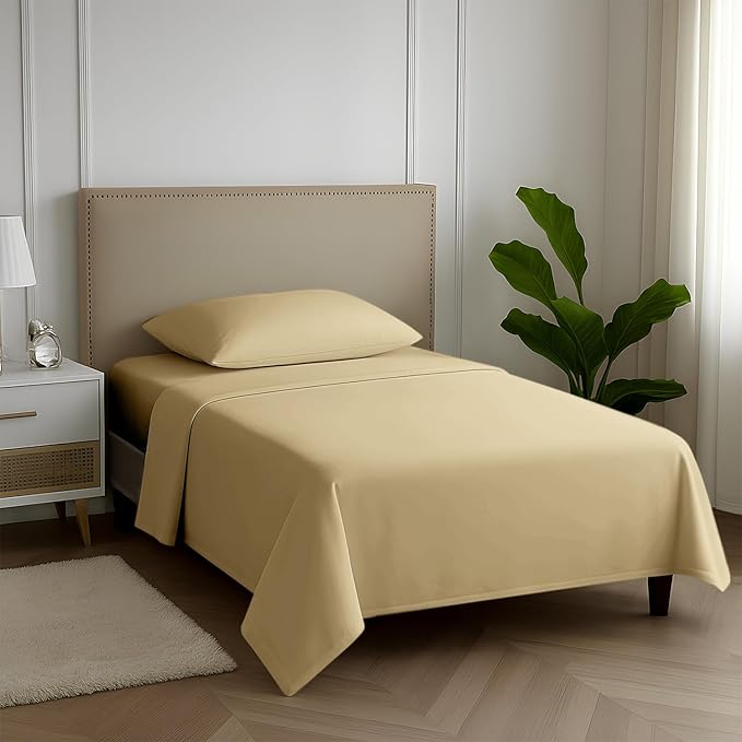 Carressa Linen 100% Egyptian Cotton Twin Sheets Set - 600 Thread Count Egyptian Cotton Luxury Twin Sheets (3 PC, Beach Sand), 16" Deep Pocket, Soft, Cooling, Sateen Weave College Dorm Room Bedding