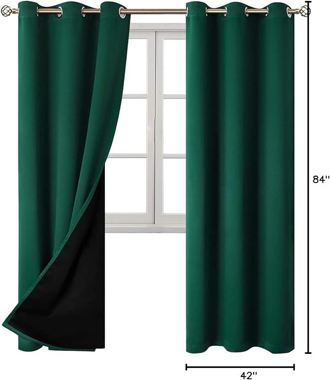 BGment Thermal Insulated 100% Blackout Curtains for Bedroom with Black Liner, Double Layer Full Room Darkening Noise Reducing Grommet Curtain (42 x 84 Inch, Emerald, 2 Panels)