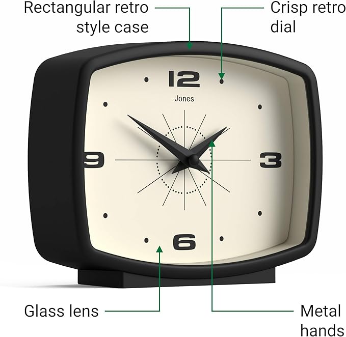 JONES CLOCKS® Film Desk Clock | Retro Rectangular Design | Black | Retro Design, Blending mid Century Style with a Punchy Modern Finish for Shelf, Table, Mantel or Bedside