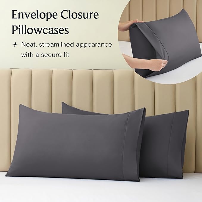 LuxClub 4 PC King Sheet Set, Deep Pockets Wrinkle Free Cooling Bed Sheets Hotel Bedding for Women, Men, Includes 1 Fitted Sheet, 1 Flat Sheet and 2 Pillowcases-Silky Soft Dark Grey