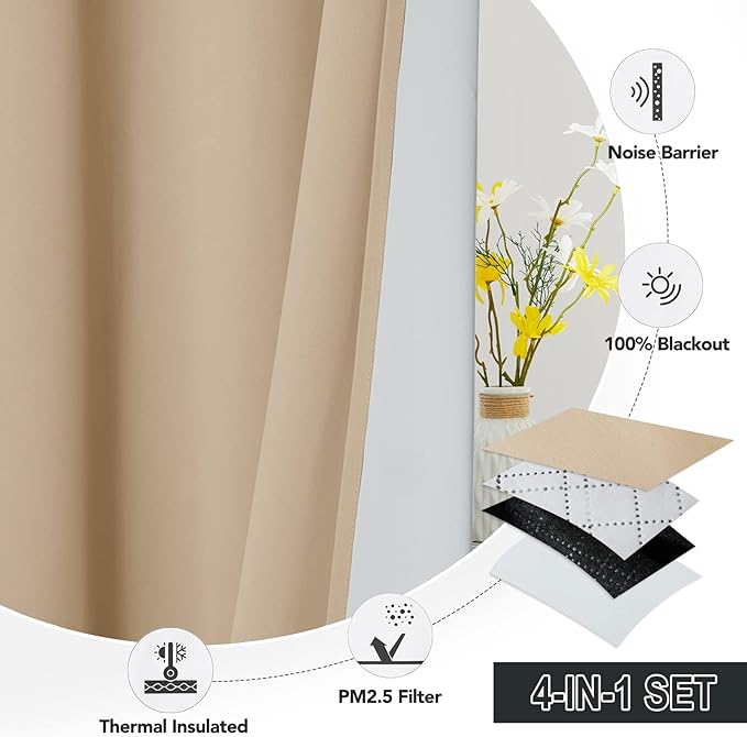 RYB HOME Soundproof & Dust Particle Filtering Curtains Thick Panel Draft Block Window Treatment Totally Room Darkening Drapes for Nursery Daytime Sleeping, Biscotti Beige, W52 x L95 inch, 2 Panel