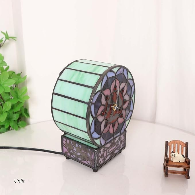 Bieye L12017 Tiffany Style Stained Glass Desk Clock Table Lamp with Lotus Flower Design (Three Hares)