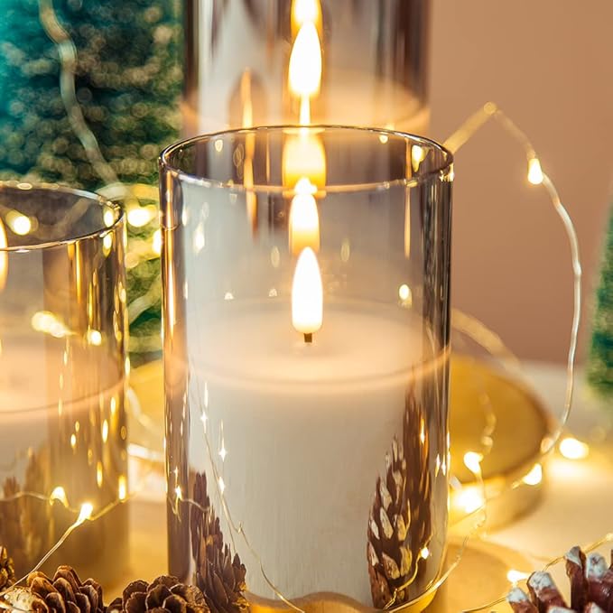 Eywamage Smoke Grey Glass Flameless Pillar Candles with Remote, Flickering LED Battery Candles Table Decor Set of 3