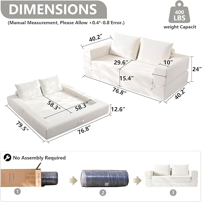 79'' Convertible Sleeper Sofa Bed, 3-in-1 Foldable Floor Couch with Corduroy Upholstery, No Assembly Loveseat, Light Brown Lounge Mattress for Living Room, Studio, Guest Room (White)
