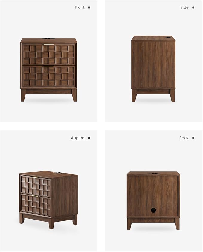 COLAMY Nightstand with Charging Station, 22" Modern Bed Side Table with 2 Storage Drawers and Chessboard Relieffor Bedroom, Dorm and Small Spaces - Walnut