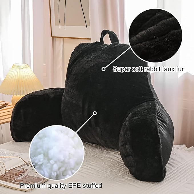 Holawakaka Reading Pillow for Sitting up in Bed Sofa Kids Teens, Backrest Pillow with Arms for Boys Girls Women Petites Pregnancy, Back Support Cushion for Couch Floor Nursery Playroom (Black)