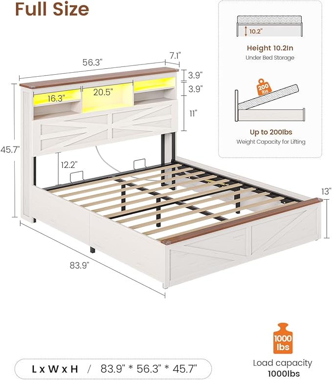 AOGLLATI Farmhouse Full Size Bed Frame with Lift Up Storage & Hidden Bookcase Storage Headbord, Wood Bed Frame Full with Charging Station, Led Lights, No Box Spring Needed, Antique White