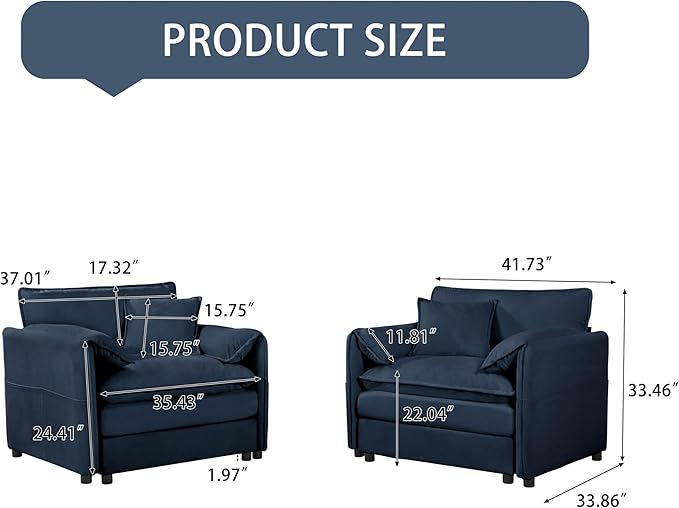 KEIKI Oversized Accent Chair Set of 2, Chenille Deep Seat Single Sofa Chairs with Side Pockets, Modern Upholstered Armchair for Bedroom, Living Room, Apartment, Blue