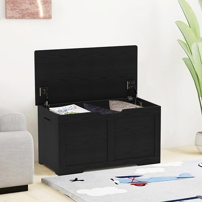 Timberer 31.5" Storage Chest, Wooden Storage Bench, Lift Top Toy Chest with 2 Safety Hinges, Large Toy Box, Entryway Shoes Bench for Living Room, Bedroom, Black