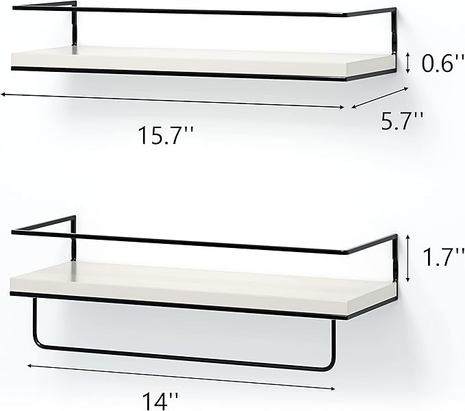 Shario White Floating Shelves - Set of 2, Wall Mounted Hanging Shelves with Black Towel Rack, Decorative Storage Shelves for Bathroom, Kitchen, Living Room & Bedroom (Modern White, 15.7 Inches)