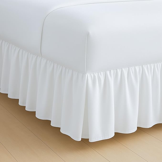 Rajlinen Ruffled Bed Skirt King, 21 Inch Drop Dust Ruffle with Split Corners, 100% Microfiber Bedskirt with Platform, Three-Sided Coverage Ruffled Gathering Design, White